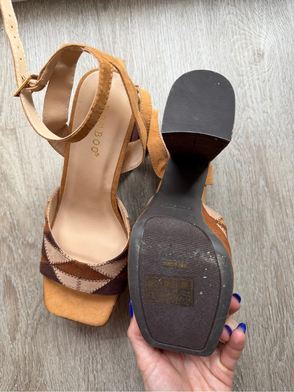 BAMBOO Brown and Tan Patchwork Platform Block Heels